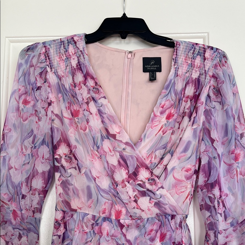 Adrianna Papell Floral Chiffon Wrap Midi Dress | Pink Purple Wedding Guest - Picture 2 of 7